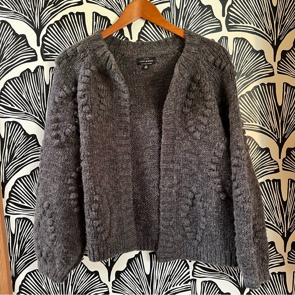 Lucky Brand Charcoal Bubble Knit Textured Wool Cardigan